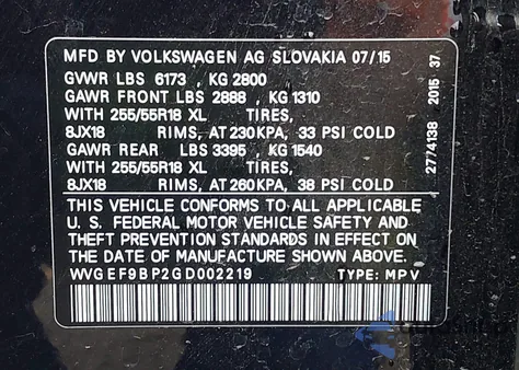 2016 Volkswagen Touareg Sport/Lux/Executive z USA, uszkodzony, nr VIN WVGEF9BP2GD002219